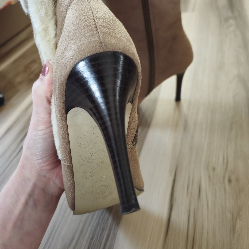 Tan Suede And Faux Fur Pointed Toe Stiletto Boots Women's 7.5 - Picture 10 of 15